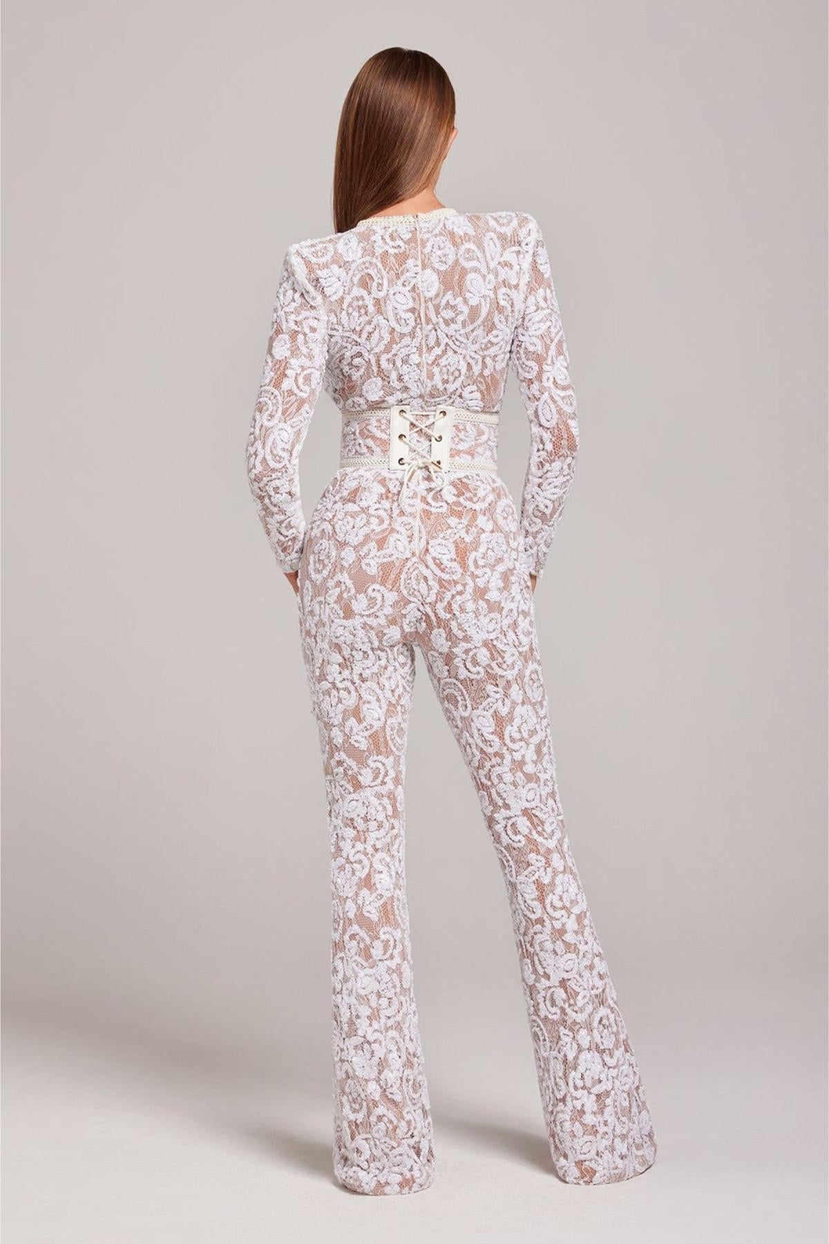 Nocturne Lace Sequin Jumpsuit | High Waist | Long Sleeve | Flared Leg
