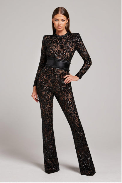 Nocturne Lace Sequin Jumpsuit | High Waist | Long Sleeve | Flared Leg