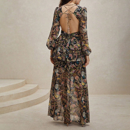 Elegant Bohemian Printed V neck Dress Vacation Casual Dress