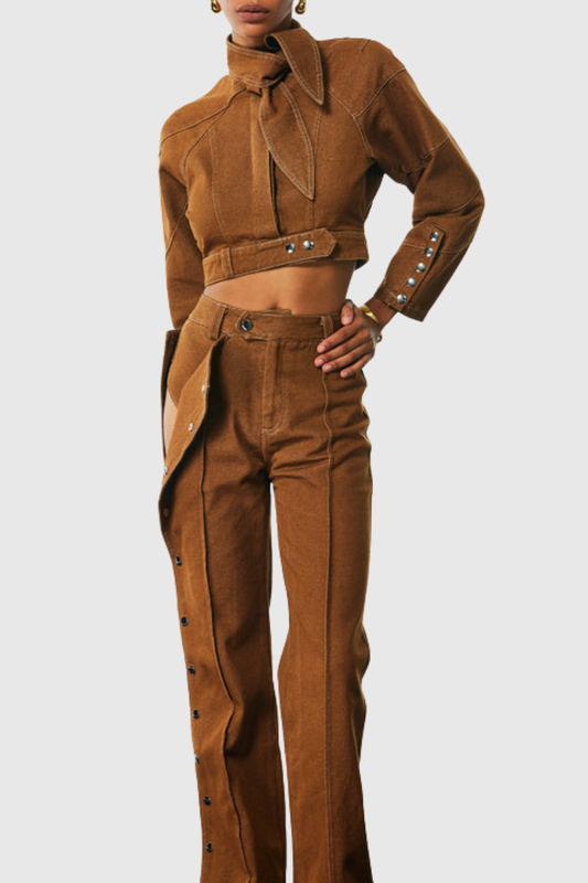 Eleni Lace Up Buckle Denim Jacket & Pants Set