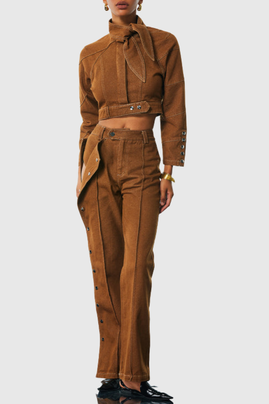 Eleni Lace Up Buckle Denim Jacket & Pants Set