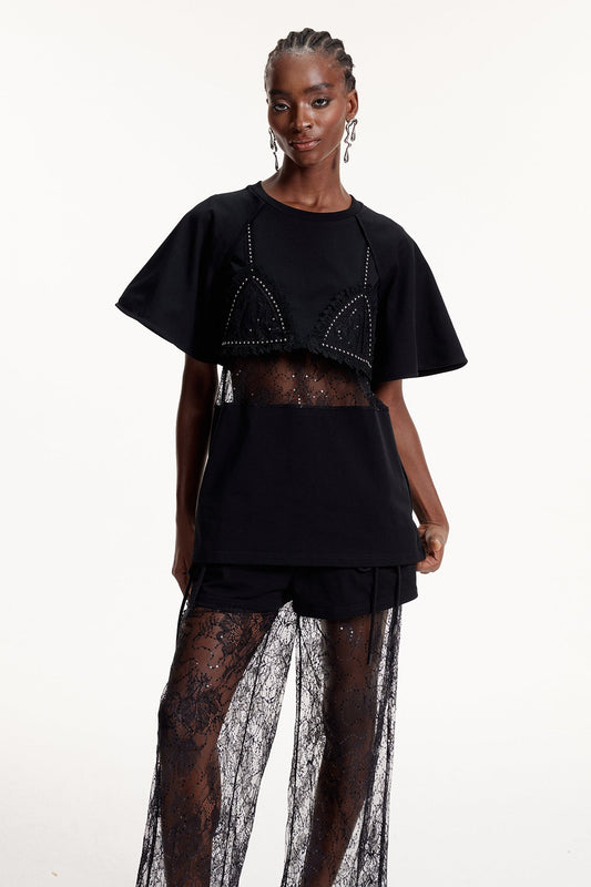 Elliott Lace Cutout T Shirt In Black