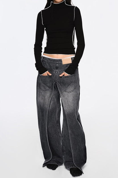 Emely Deconstructed Fake Two-piece Jeans - Black