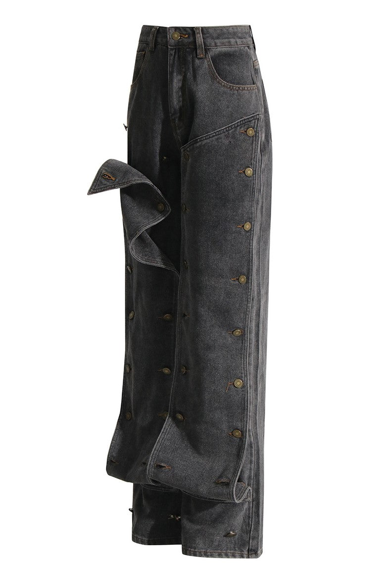 Emmalyn Patchwork Button Jeans - Grey