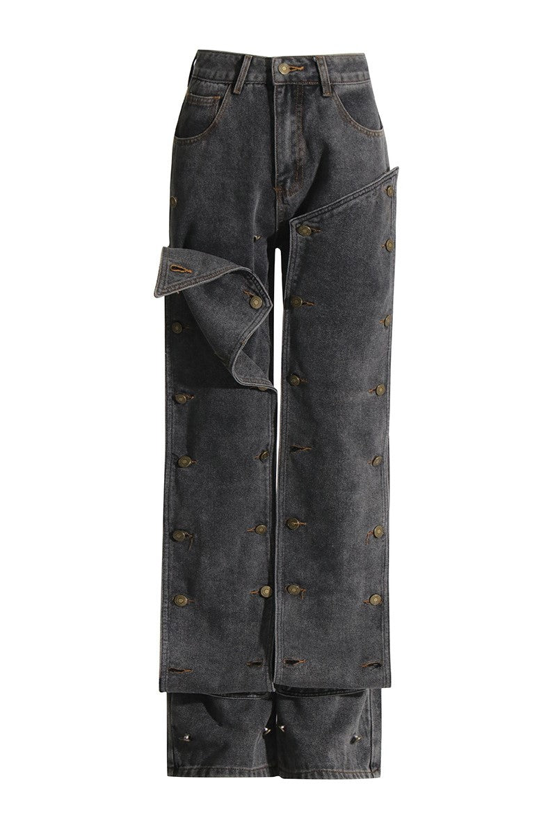 Emmalyn Patchwork Button Jeans - Grey