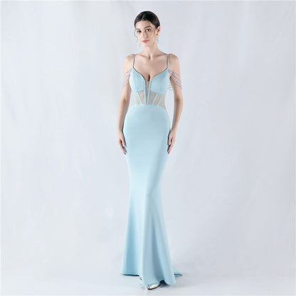 Evening Dress Waist Tight Boning Corset Beaded Rhinestone Cocktail Performance Host Evening Dress