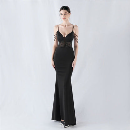 Evening Dress Waist Tight Boning Corset Beaded Rhinestone Cocktail Performance Host Evening Dress