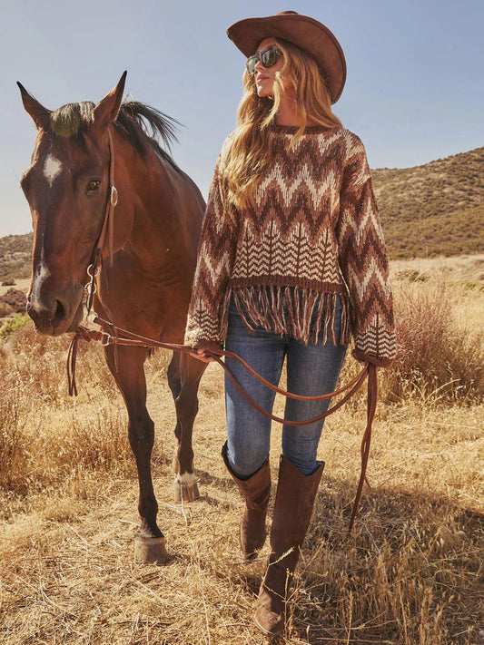 Boho Fringe Hem Aztec Print Sweater