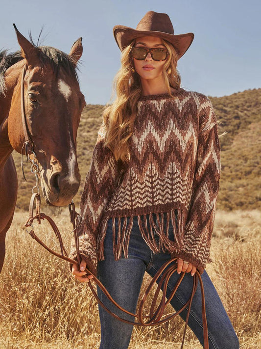 Boho Fringe Hem Aztec Print Sweater