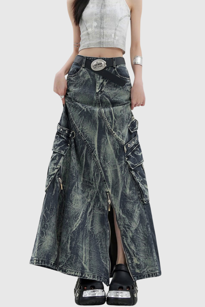 Fabricius Asymmetric Zipper Denim Maxi Skirt