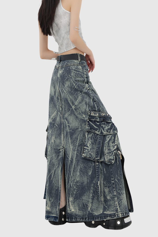 Fabricius Asymmetric Zipper Denim Maxi Skirt