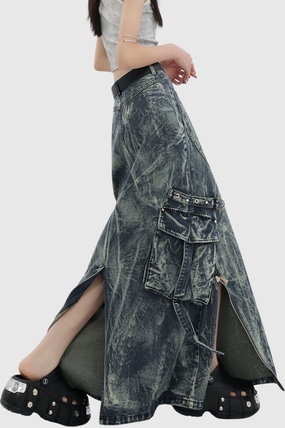 Fabricius Asymmetric Zipper Denim Maxi Skirt