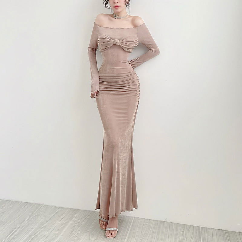 Fall Maxi Dress Elegant Slim Off Shoulder Chest Show