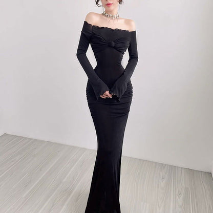 Fall Maxi Dress Elegant Slim Off Shoulder Chest Show