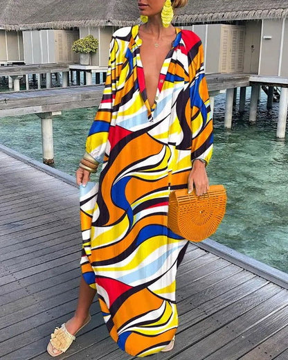 Fall Printed Pullover Long Sleeve Dress V neck Swing Loose Jumpsuit