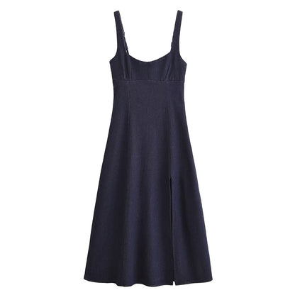 Fall Simple Thin Denim Midi Dress