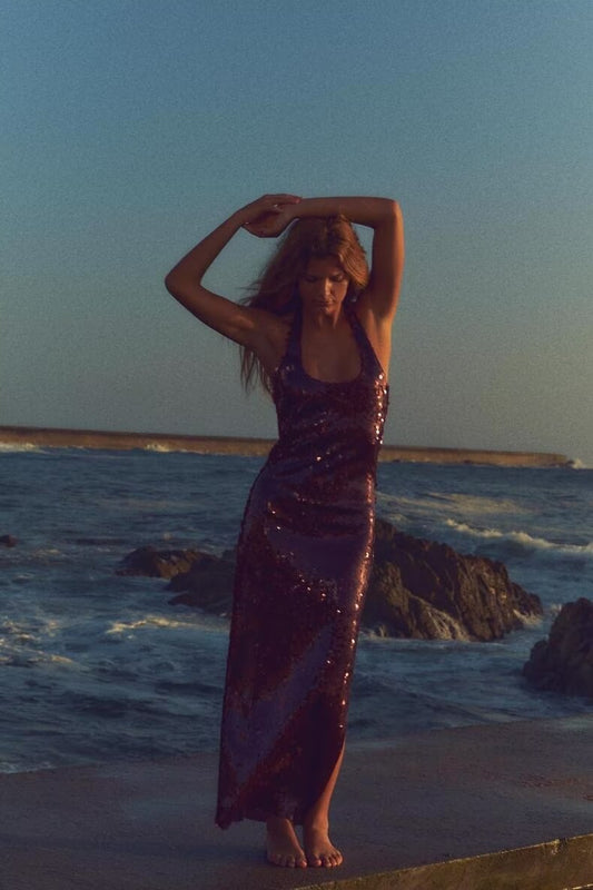 Fall Simple Thin Slim Fit Halter Sequ Dress