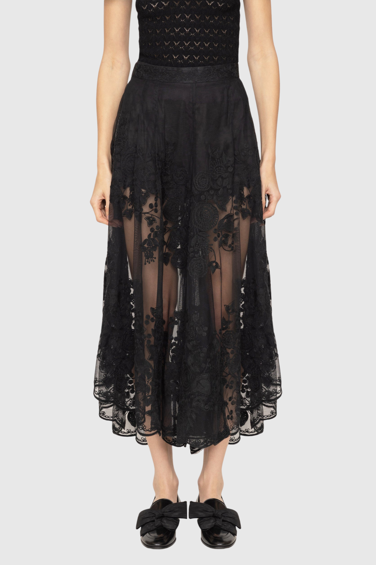 Faunus Embroidered Floral Mesh Maxi Skirt In Black