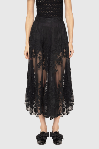 Faunus Embroidered Floral Mesh Maxi Skirt In Black