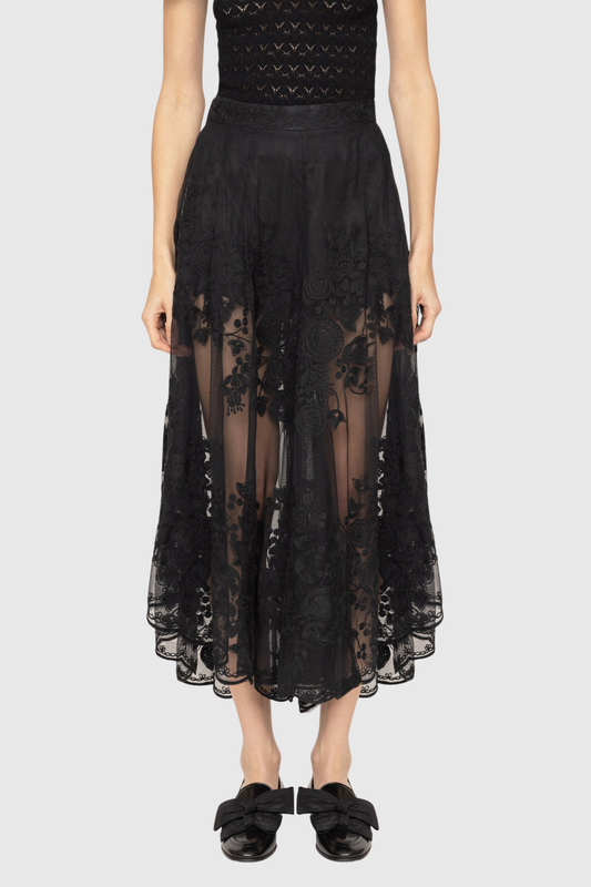 Faunus Embroidered Floral Mesh Maxi Skirt In Black