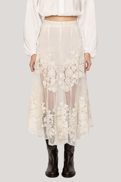 Faunus Embroidered Floral Mesh Maxi Skirt In White