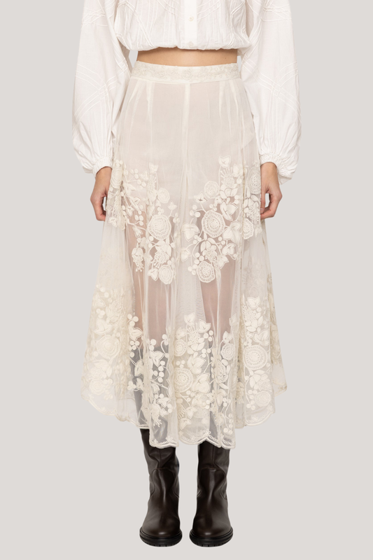 Faunus Embroidered Floral Mesh Maxi Skirt In White