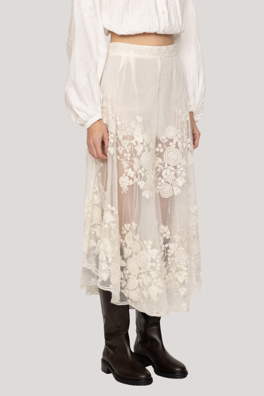 Faunus Embroidered Floral Mesh Maxi Skirt In White
