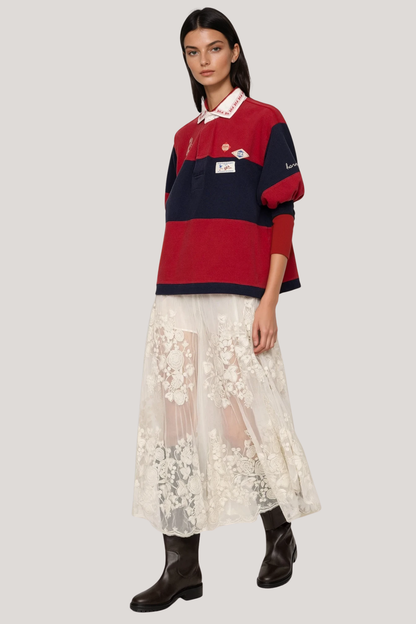 Faunus Embroidered Floral Mesh Maxi Skirt In White