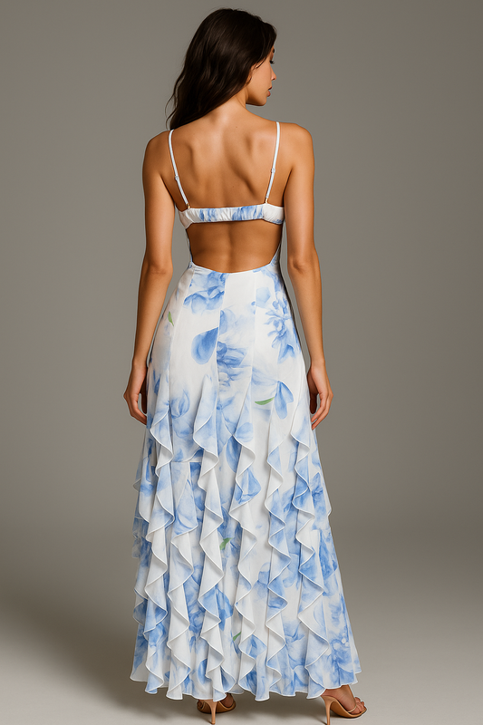 Aurora Ruffled Floral Maxi Dress | V-Neck, Tiered Layers, Spaghetti Straps