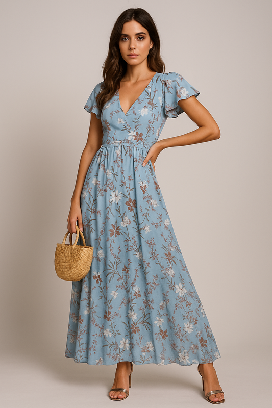 Floral V-Neck Maxi Dress | Butterfly Sleeves and A-Line Silhouette