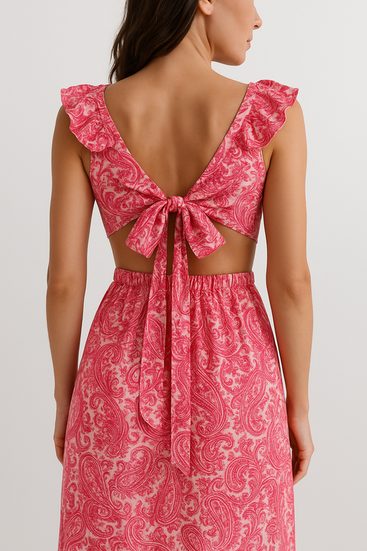 Paisley V-Neck Maxi Dress | Cut-Out Waist | Ruffled Hem
