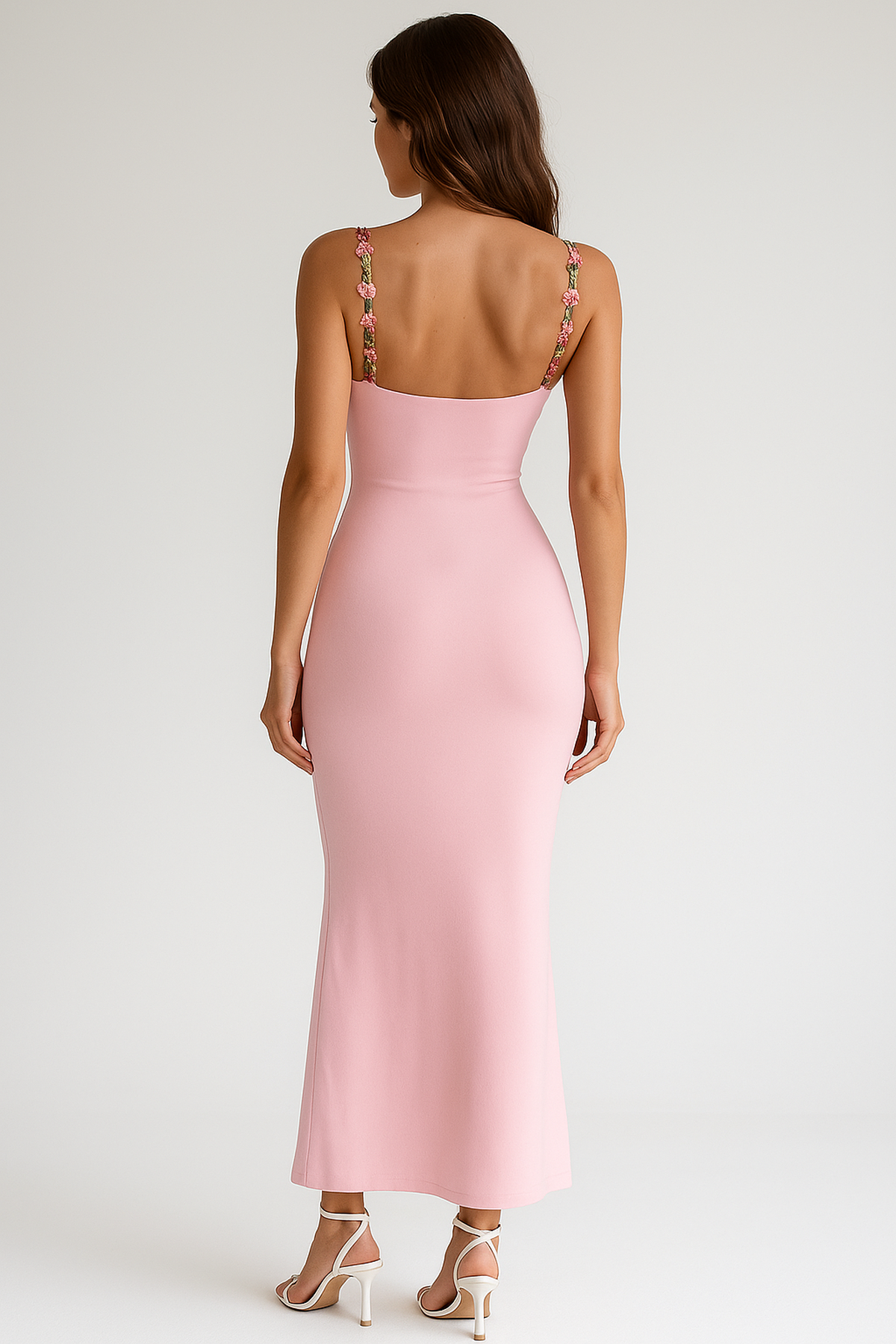 Aurora Floral Appliqué Bodycon Maxi Dress | Spaghetti Straps | Wrap Waist