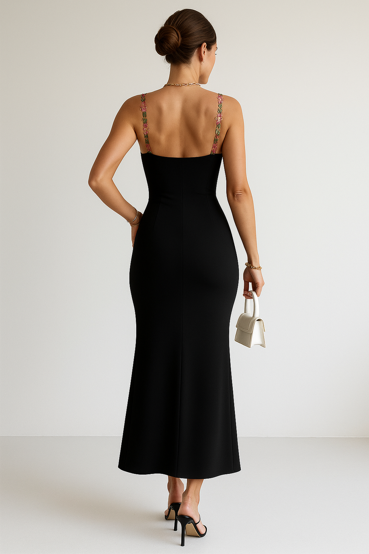 Aurora Floral Appliqué Bodycon Maxi Dress | Spaghetti Straps | Wrap Waist