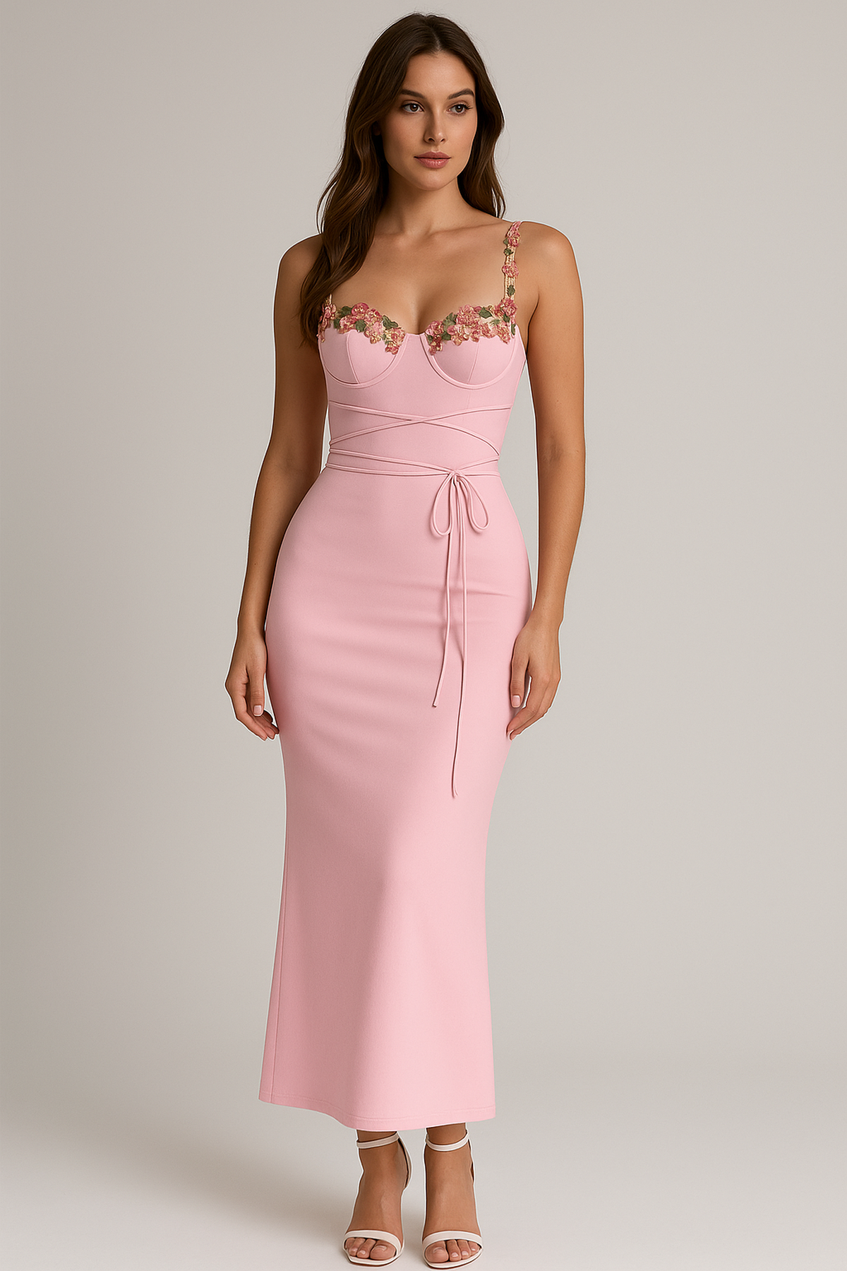 Aurora Floral Appliqué Bodycon Maxi Dress | Spaghetti Straps | Wrap Waist