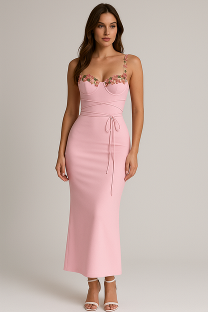 Aurora Floral Appliqué Bodycon Maxi Dress | Spaghetti Straps | Wrap Waist