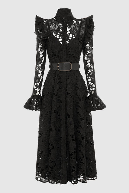 Freya Ruffle Lace-embroidered Belted Midi Dress - Black