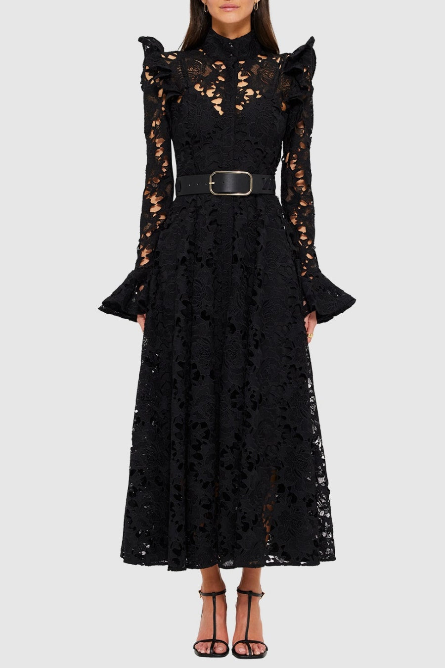 Freya Ruffle Lace-embroidered Belted Midi Dress - Black