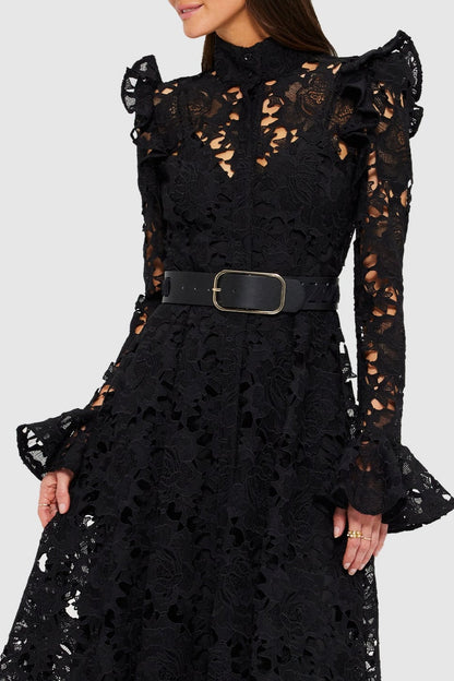 Freya Ruffle Lace-embroidered Belted Midi Dress - Black
