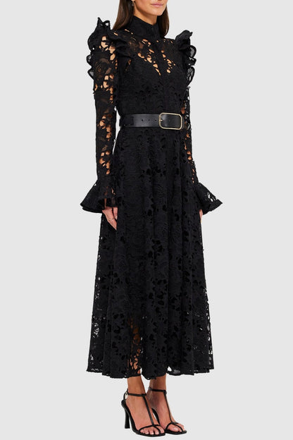 Freya Ruffle Lace-embroidered Belted Midi Dress - Black