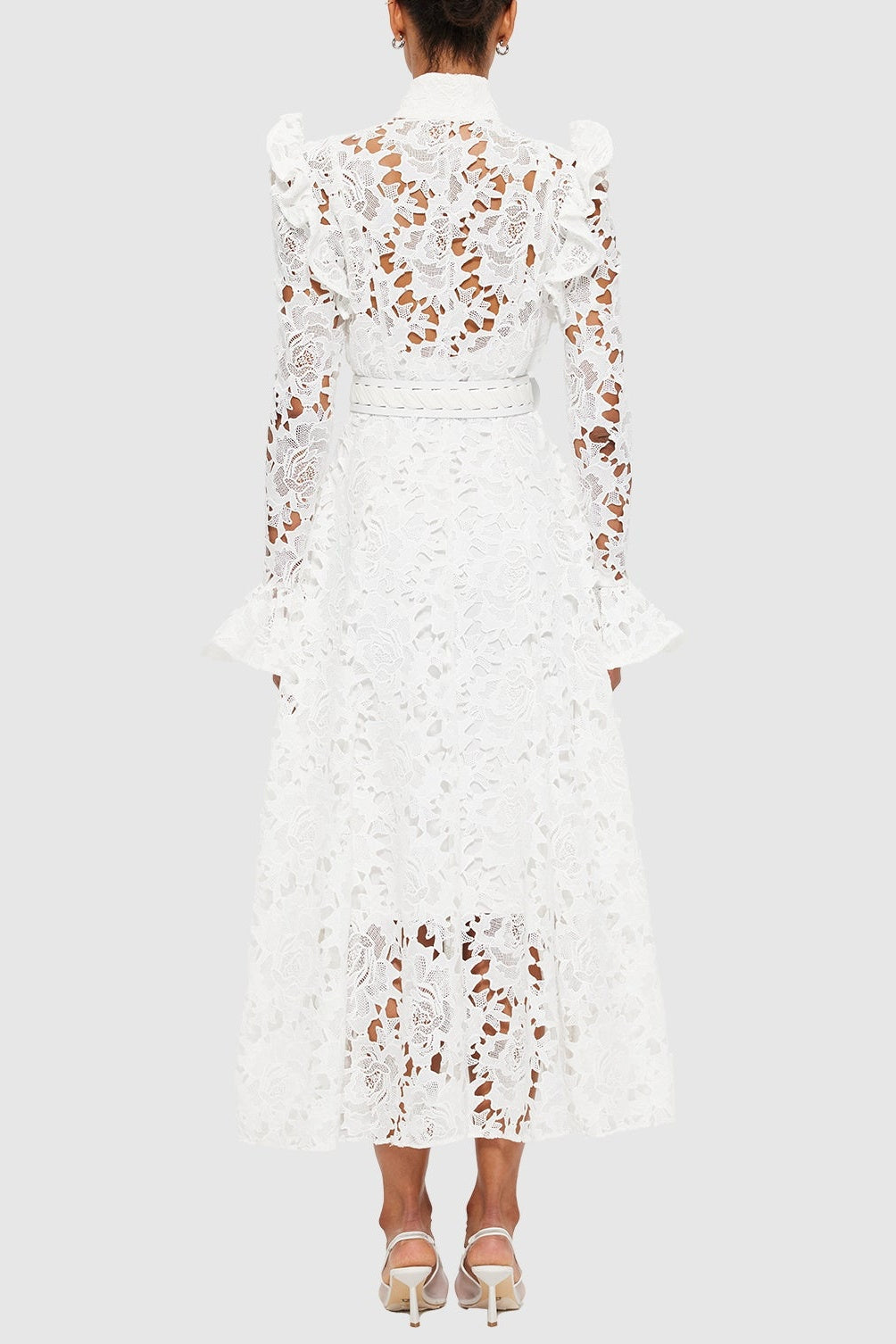Freya Ruffle Lace-embroidered Belted Midi Dress - White