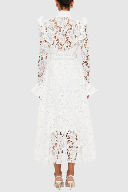 Freya Ruffle Lace-embroidered Belted Midi Dress - White