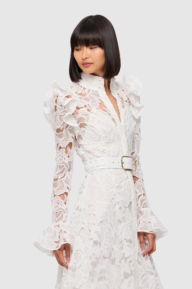 Freya Ruffle Lace-embroidered Belted Midi Dress - White