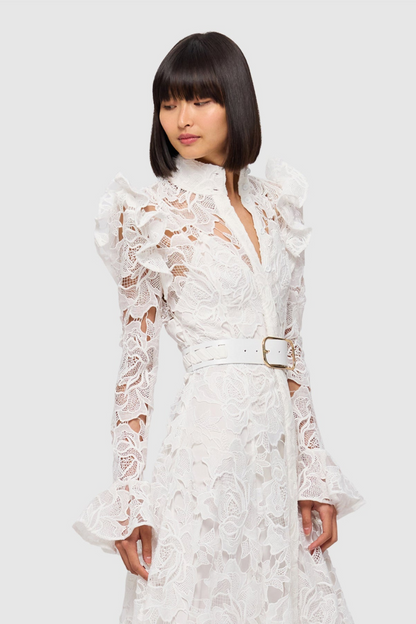 Freya Ruffle Lace-embroidered Belted Midi Dress - White