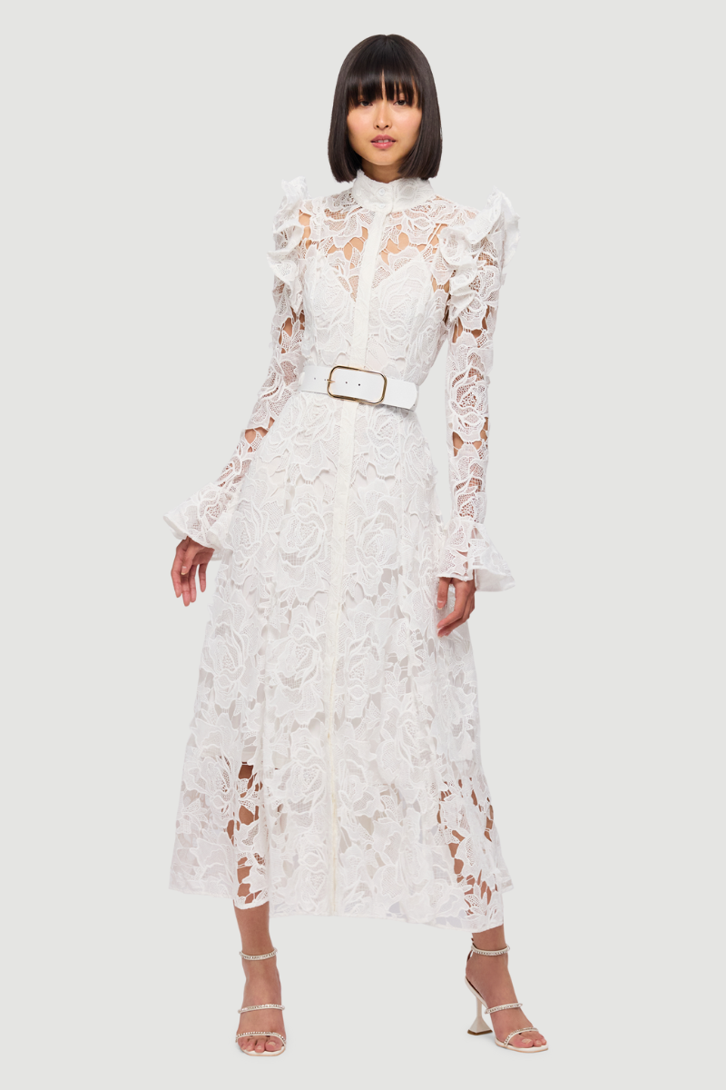 Freya Ruffle Lace-embroidered Belted Midi Dress - White