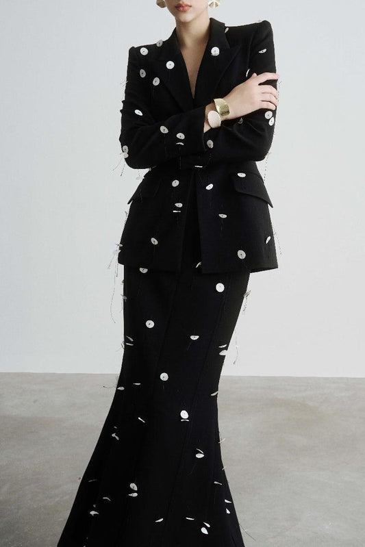 Gana Sequin Dot Trumpet Blazer - Black