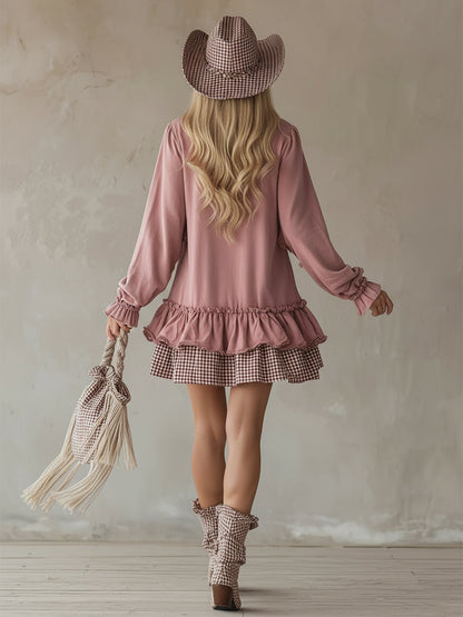 Retro Sporty Style Checkered Trim Powder Pink Sweatshirt Mini Dress