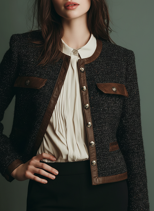 Classic Vintage Leather Trim Tweed Jacket