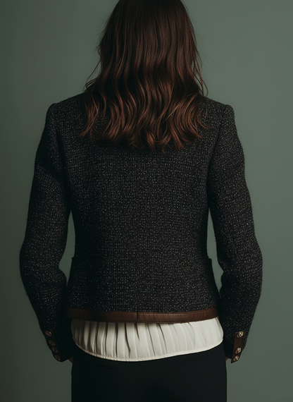Classic Vintage Leather Trim Tweed Jacket