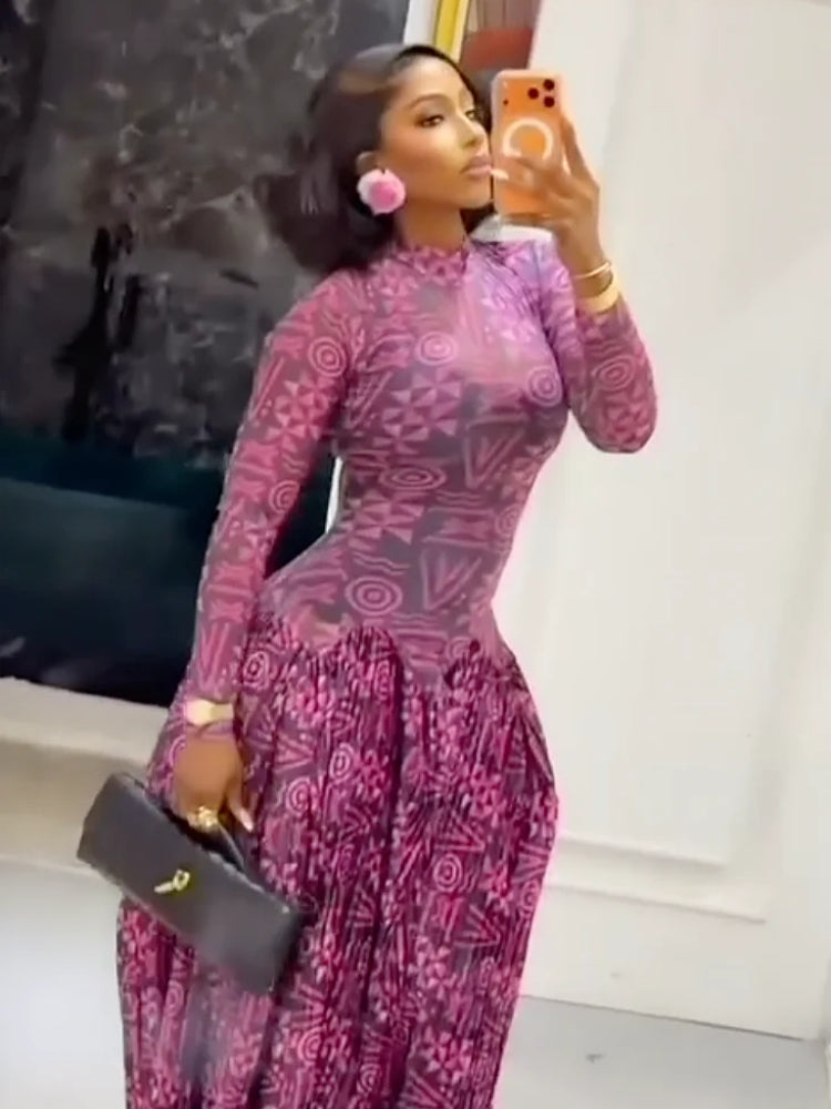 Geometric Print High Neck Maxi Dress