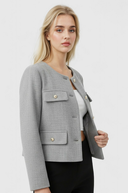 Textured Pocket Jacket | Round Neck, Gold-Tone Button Detail